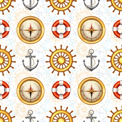 Marine symbols seamless pattern with steering wheel anchor lifebuoy and compass vector illustration