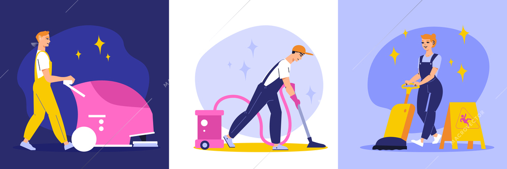 Cleaning service set of three square compositions with human characters of workers in uniform cleaning up vector illustration