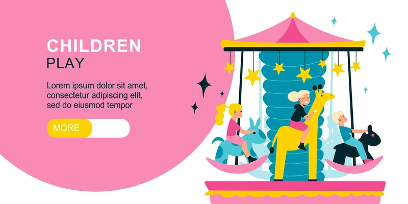 Children playroom horizontal banner with editable text and more button with merry go round carousel icon vector illustration