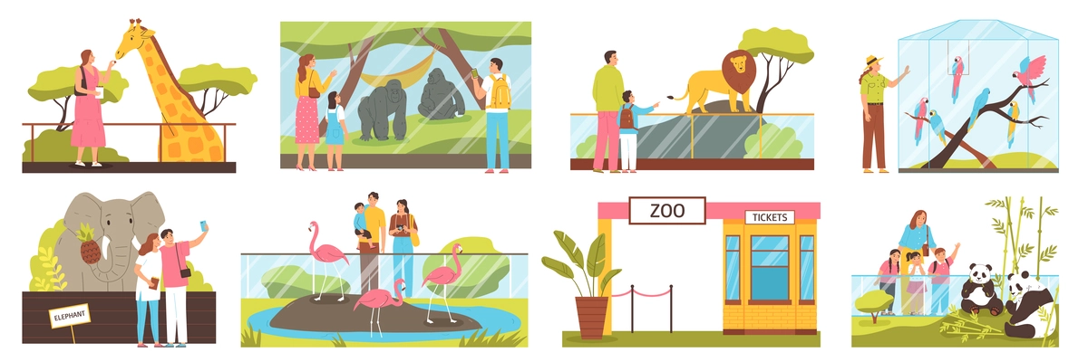 People at zoo looking at different animals flat compositions set isolated vector illustration