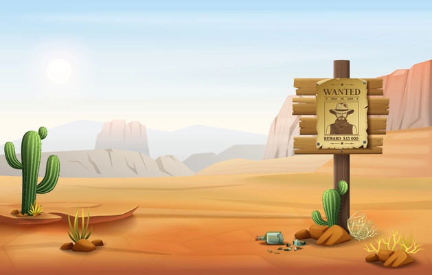 Wild west cartoon composition with outdoor scenery cacti plants and search notice leaflet on wooden post vector illustration
