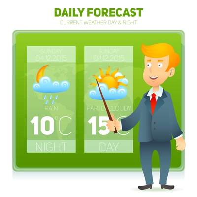 TV weather prediction forecast male news reporter background vector illustration