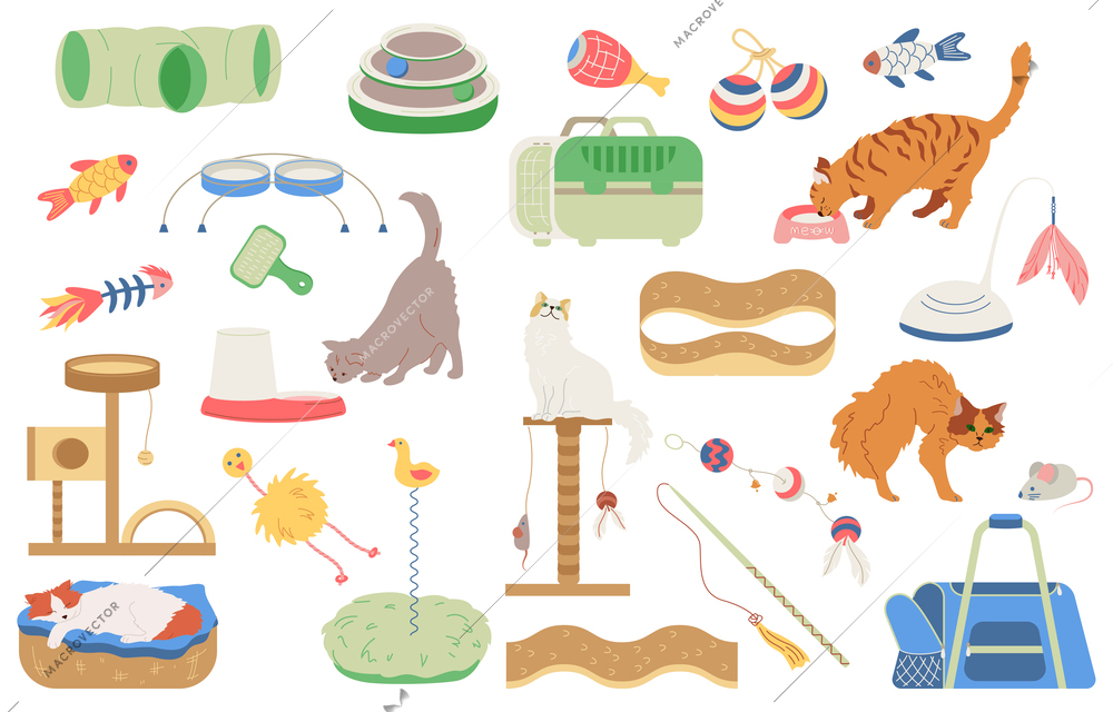 Cat accessories set with flat isolated icons of pet carriers litter trays toys and various cats vector illustration