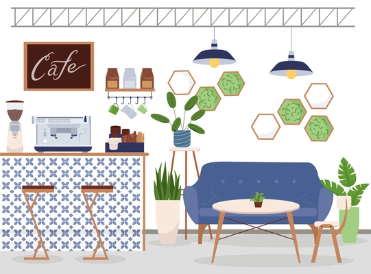 Modern eco cafe flat background composition with front view of bar counter table chairs and plants vector illustration