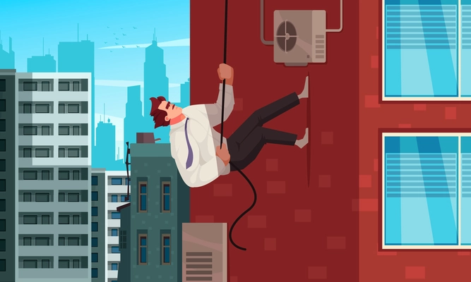 Super agent cartoon poster with male climbing skyscrapper wall vector illustration