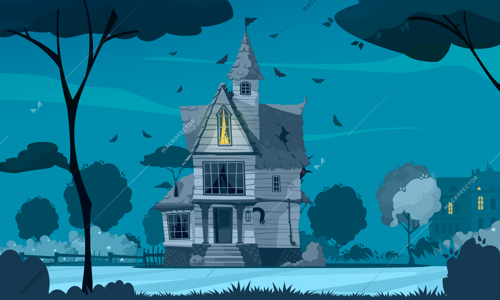 Scary house poster with spooky building at night vector illustration