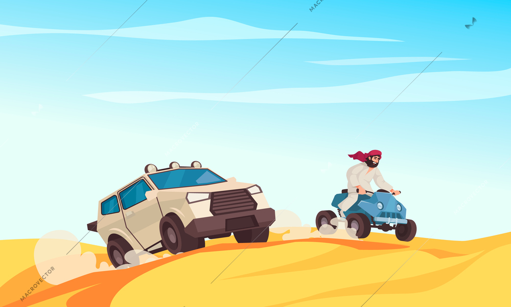 Desert safari cartoon poster with arab man on bike and travel vehicle vector illustration