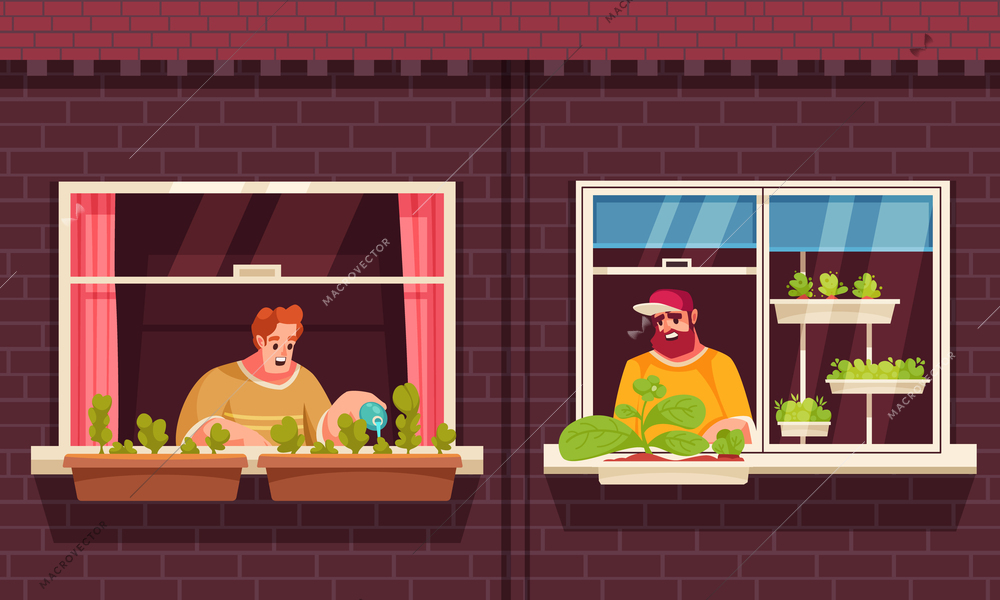 Urban gardening cartoon concept with people watering plants growing on windowsill vector illustration