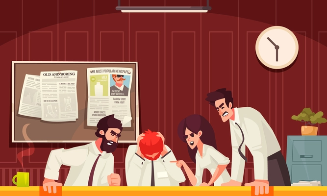 Stress office cartoon concept with exhausted man and collegues arguing vector illustration