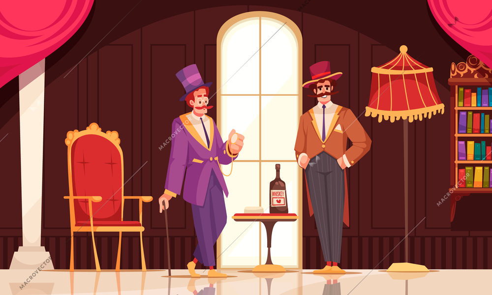 Aristocrat cartoon poster with gentlemen in fancy clothes drinking whiskey vector illustration