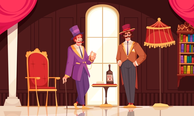 Aristocrat cartoon poster with gentlemen in fancy clothes drinking whiskey vector illustration