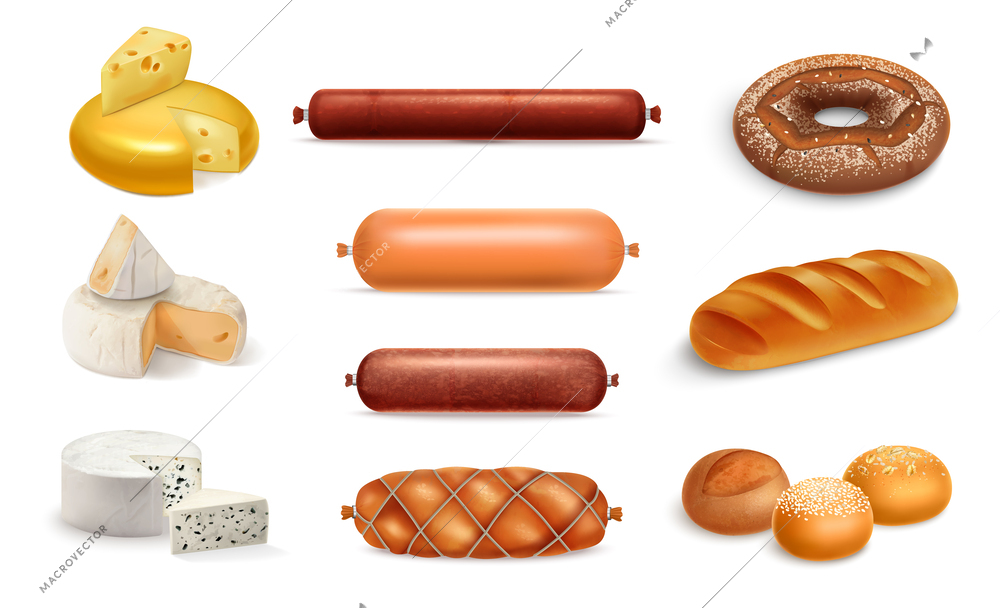 Realistic food product set with different kinds of cheese sausage and bread on white background isolated vector illustration