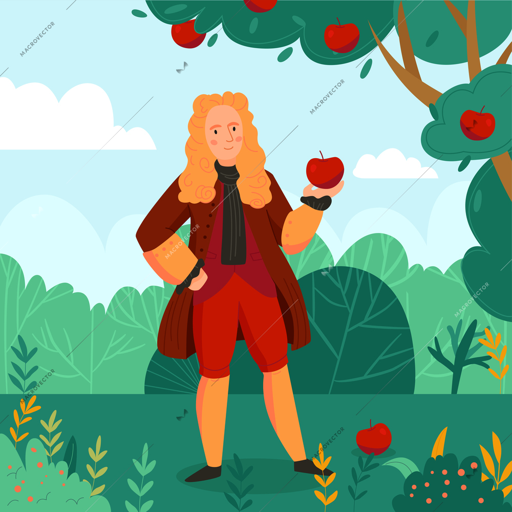 Great scientist isaac newton holding apple in garden flat vector illustration