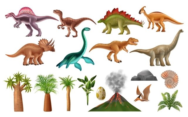 Dinosaurs species and jurassic period landscape elements realistic set isolated vector illustration