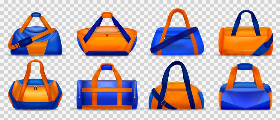 Realistic set of stylish bright orange and blue gym bags isolated on transparent background vector illustration