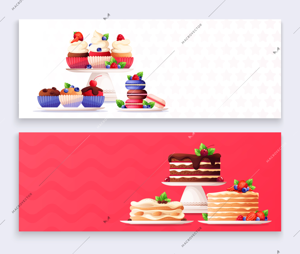 Two horizontal banners set with various desserts decorated with fresh berries and mint on white and red backgrounds flat isolated vector illustration