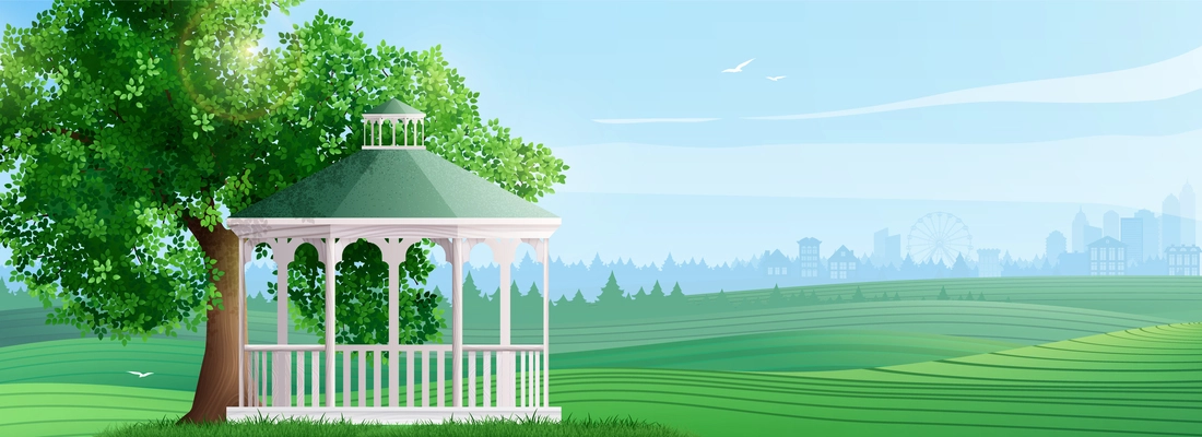 Summer landscape in flat style with view of green valley and wooden gazebo under tree and silhouettes of forest and houses in background vector illustration