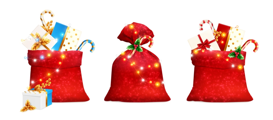 Three realistic red christmas bags with gifts candy canes and lighted garlands isolated vector illustration