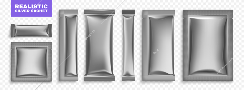 Realistic sachet packet silver set with editable text and top view of empty silver wrapping packages vector illustration