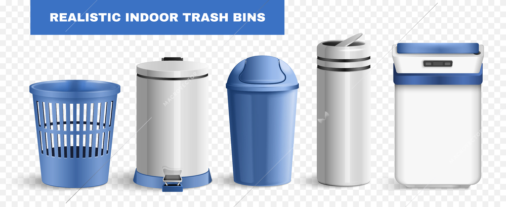 Set with isolated realistic bins images for indoor use with silver blue colored containers and text vector illustration