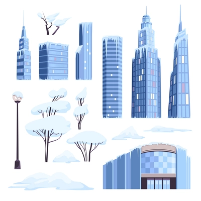 Ice snow modern city set with isolated icons of skyscrapers icicles snowy trees and lamp post vector illustration