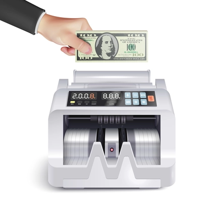 Realistic money counting machine composition with human hand putting dollar banknote into device on blank background vector illustration