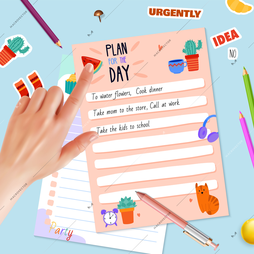 Realistic planner pages with stationery stickers and human hand on blue background vector illustration