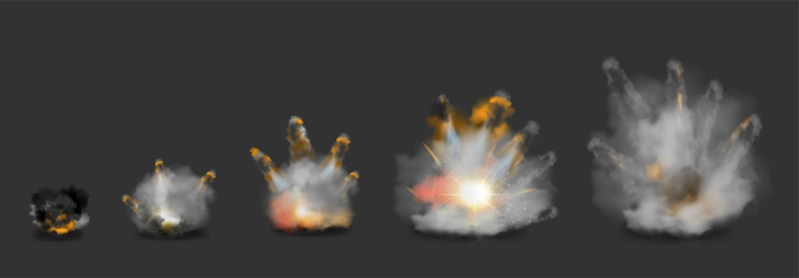 Realistic bomb explosion stages with fire smoke and sparkles isolated against dark background vector illustration