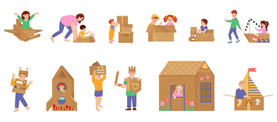 Cardboard boxes flat icons set with kids playing diy toys isolated vector illustration