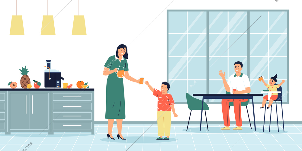 Happy family drinking freshly squeezed fruit juice in kitchen and mum giving glass to little son flat vector illustration