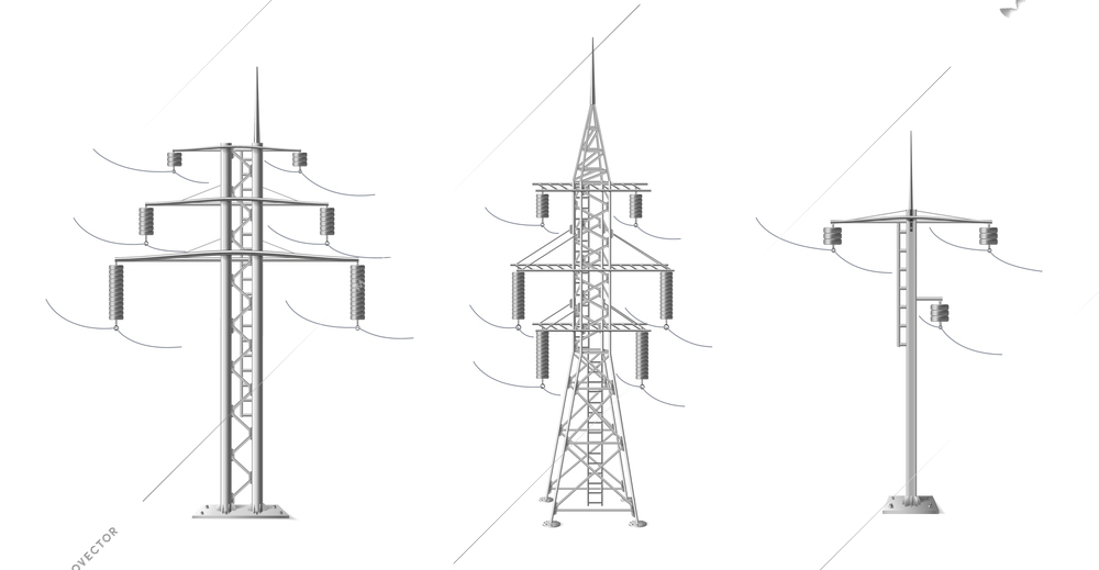 High voltage power line metal poles realistic set isolated on white background vector illustration