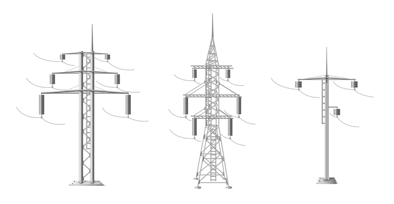 High voltage power line metal poles realistic set isolated on white background vector illustration