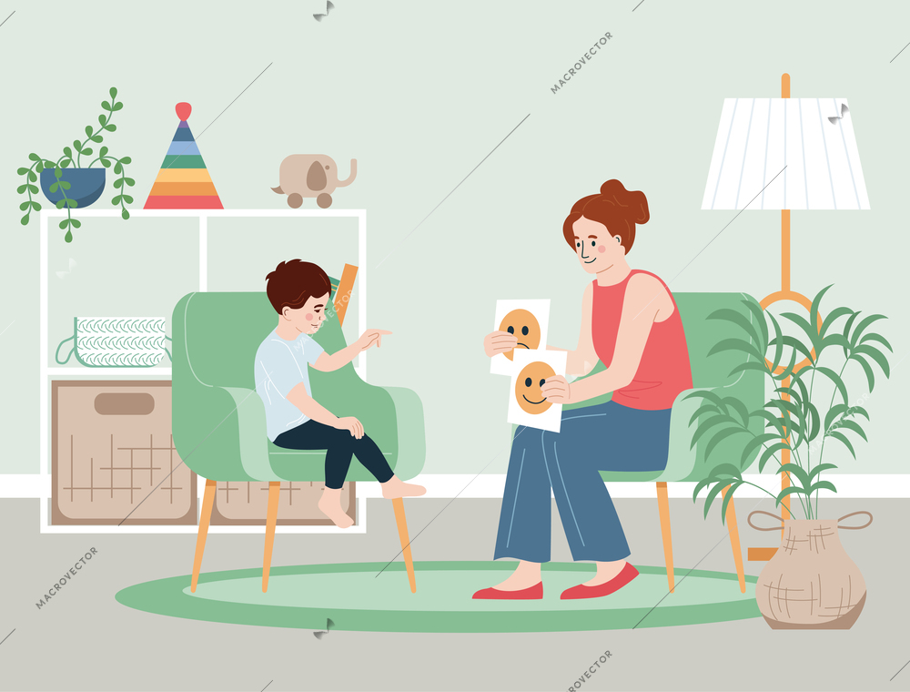 Child psychologist flat concept with woman specialist showing pictures to the boy vector illustration