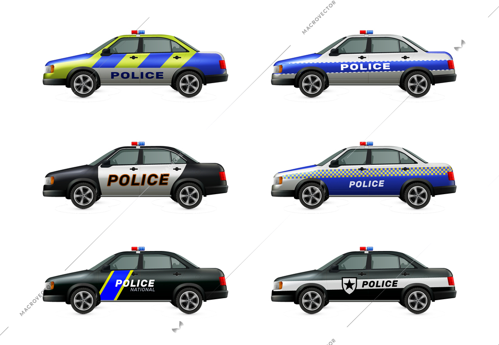 Police cars set with municipal vehicles symbols realistic isolated vector illustration