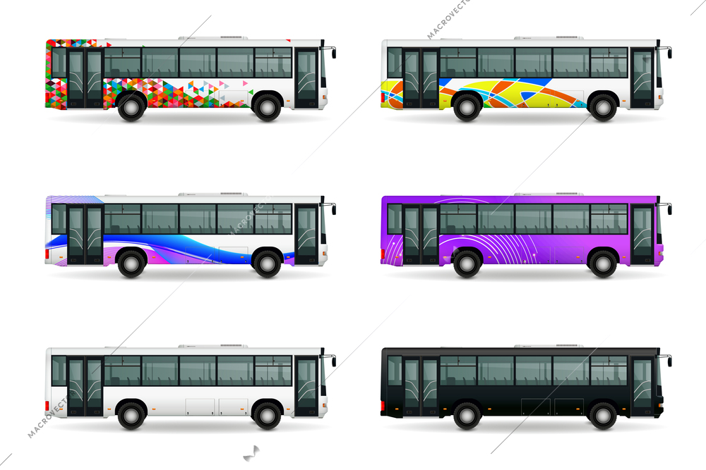 Municipal bus realistic set with public transport symbols isolated vector illustration
