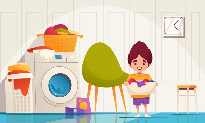 Children housekeeping cartoon with boy holding washed clothes vector illustration