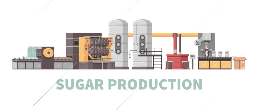 Sugar production concept with process of washing boiling centrifugation and packaging of finished product cartoon vector illustration