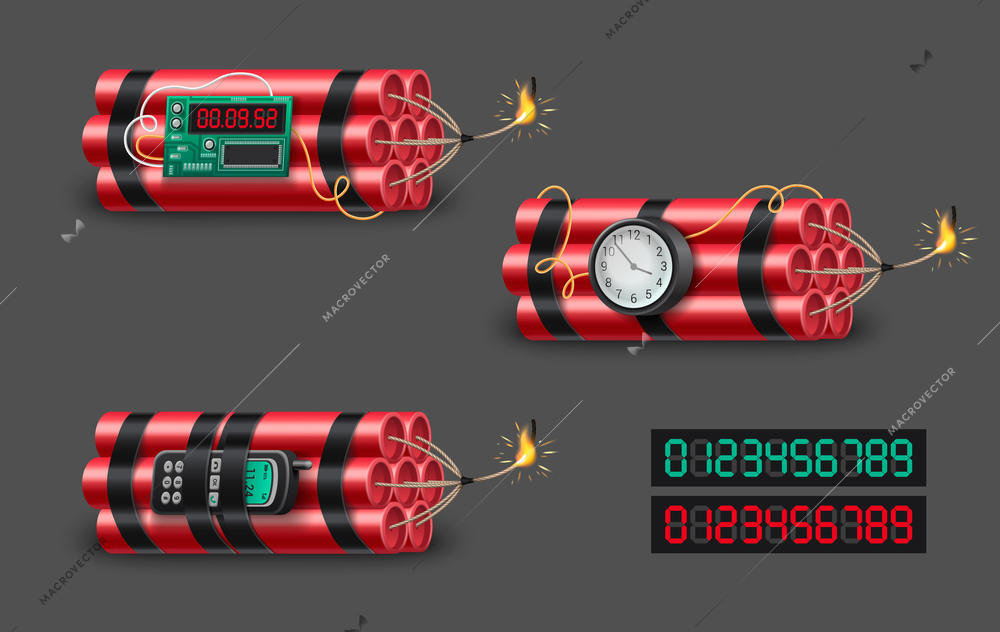 Dynamite bombs with burning wicks and timers realistic set isolated on grey background vector illustration