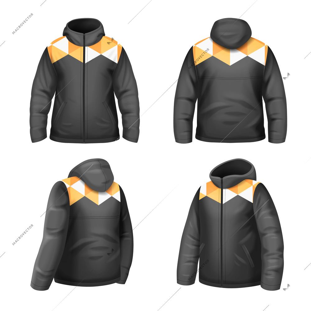 Male black yellow and white winter jacket realistic set with front and back views isolated vector illustration