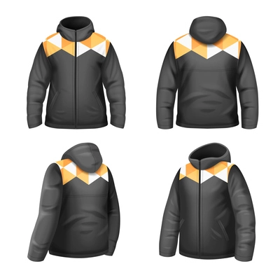 Male black yellow and white winter jacket realistic set with front and back views isolated vector illustration