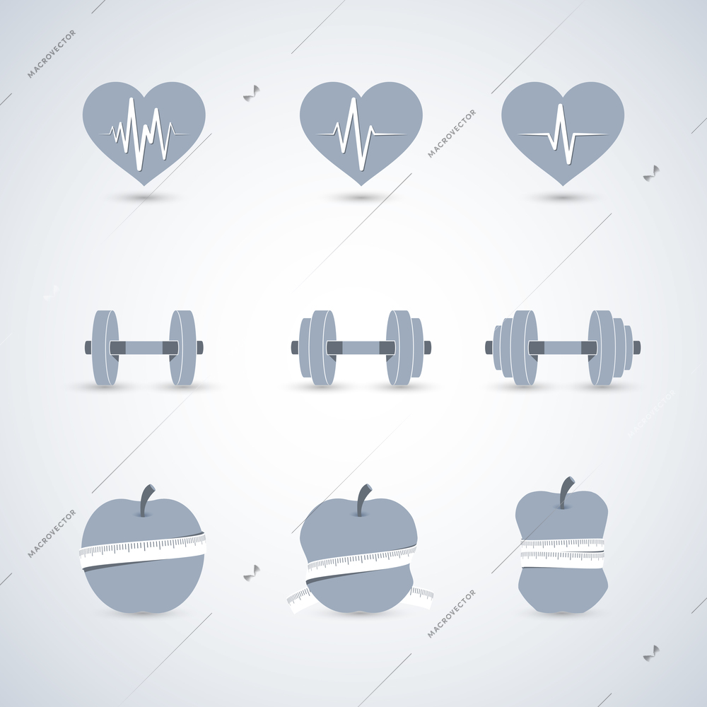 Fitness exercises progress icons set of heart rate strength and slimness isolated vector illustration