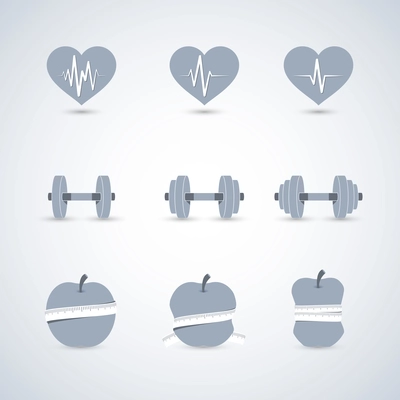 Fitness exercises progress icons set of heart rate strength and slimness isolated vector illustration