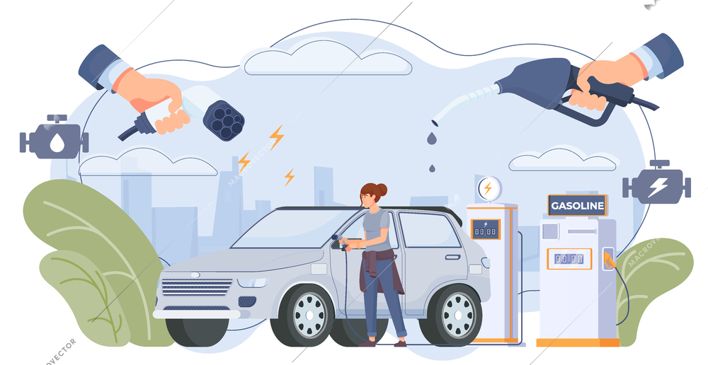 Hybrid car concept with eco transportation symbols flat  vector illustration