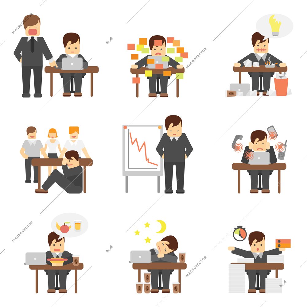 Stress at work dropping results graphic angry boss cartoon characters flat icons set abstract isolated vector illustration