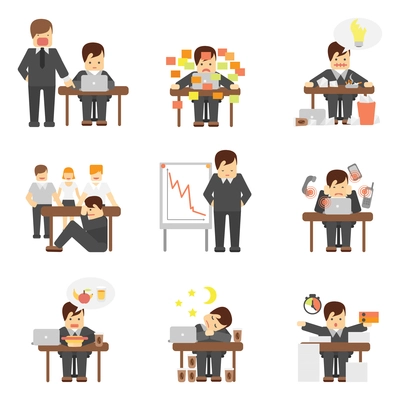 Stress at work dropping results graphic angry boss cartoon characters flat icons set abstract isolated vector illustration