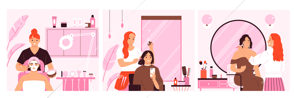 Beauty service compositions set with hairstyle and makeup flat isolated vector illustration