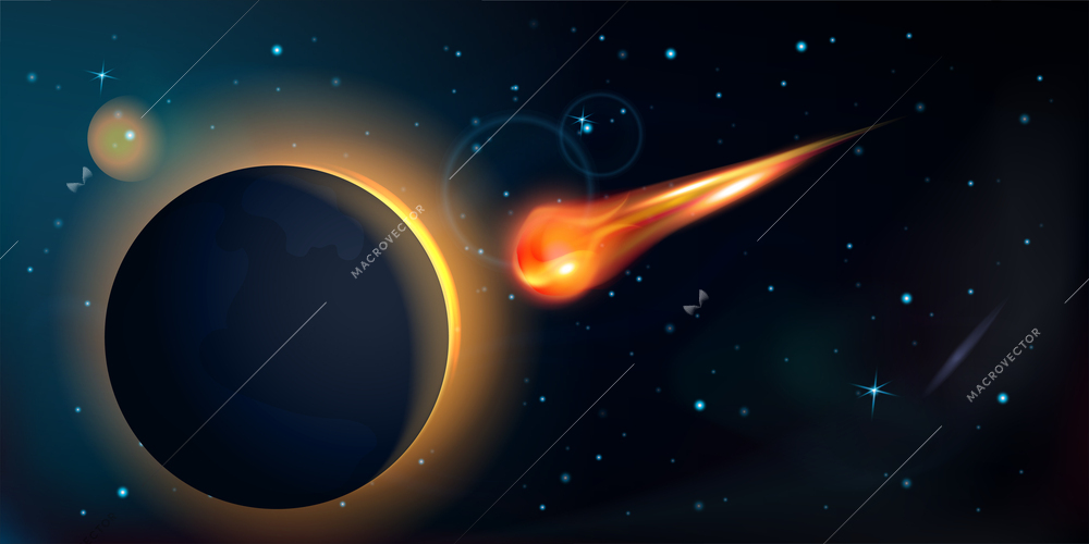 Realistic composition with outer space landscape and view of burning meteor flying in direction of planet vector illustration