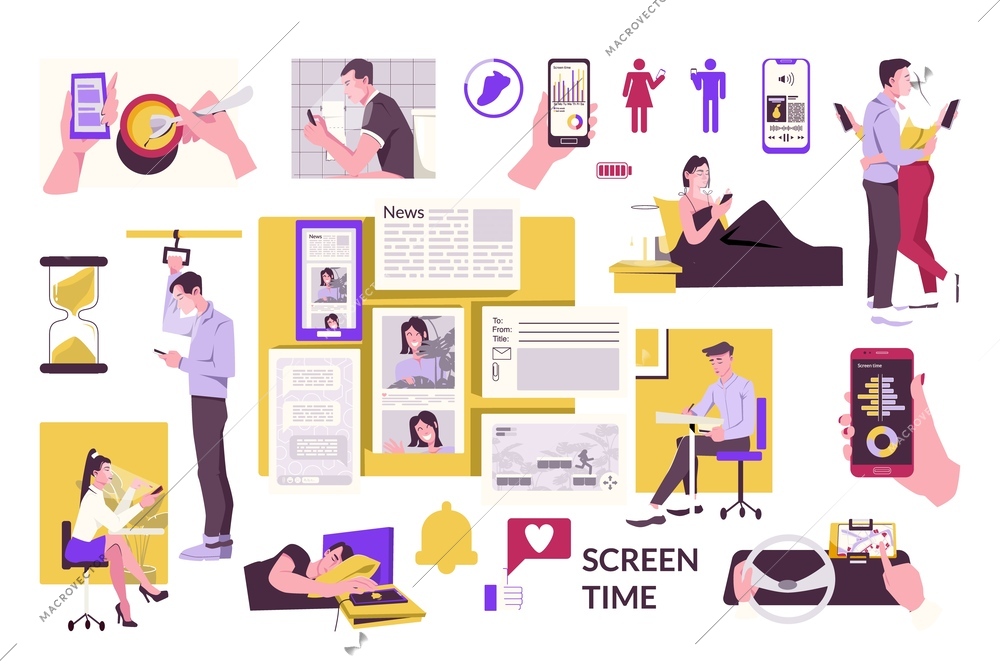 Screen time set with digital symbols flat isolated vector illustration