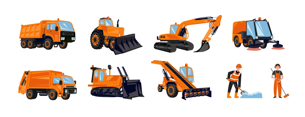 Municipal service road cleaning transport flat set of isolated images with orange dump trucks bulldozers workers vector illustration