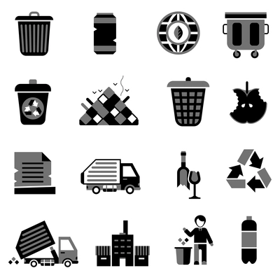 Garbage icons black set with trash can environment ecology waste symbols isolated vector illustration